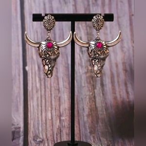 Silver and Pink Bull Skull Western Earrings